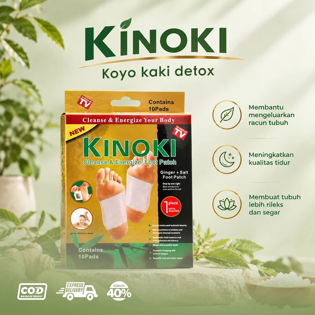 Kotak Kinoki Cleanse & Energize Foot Patch isi 10 pads, jahe dan garam, membuat tubuh rileks dan segar