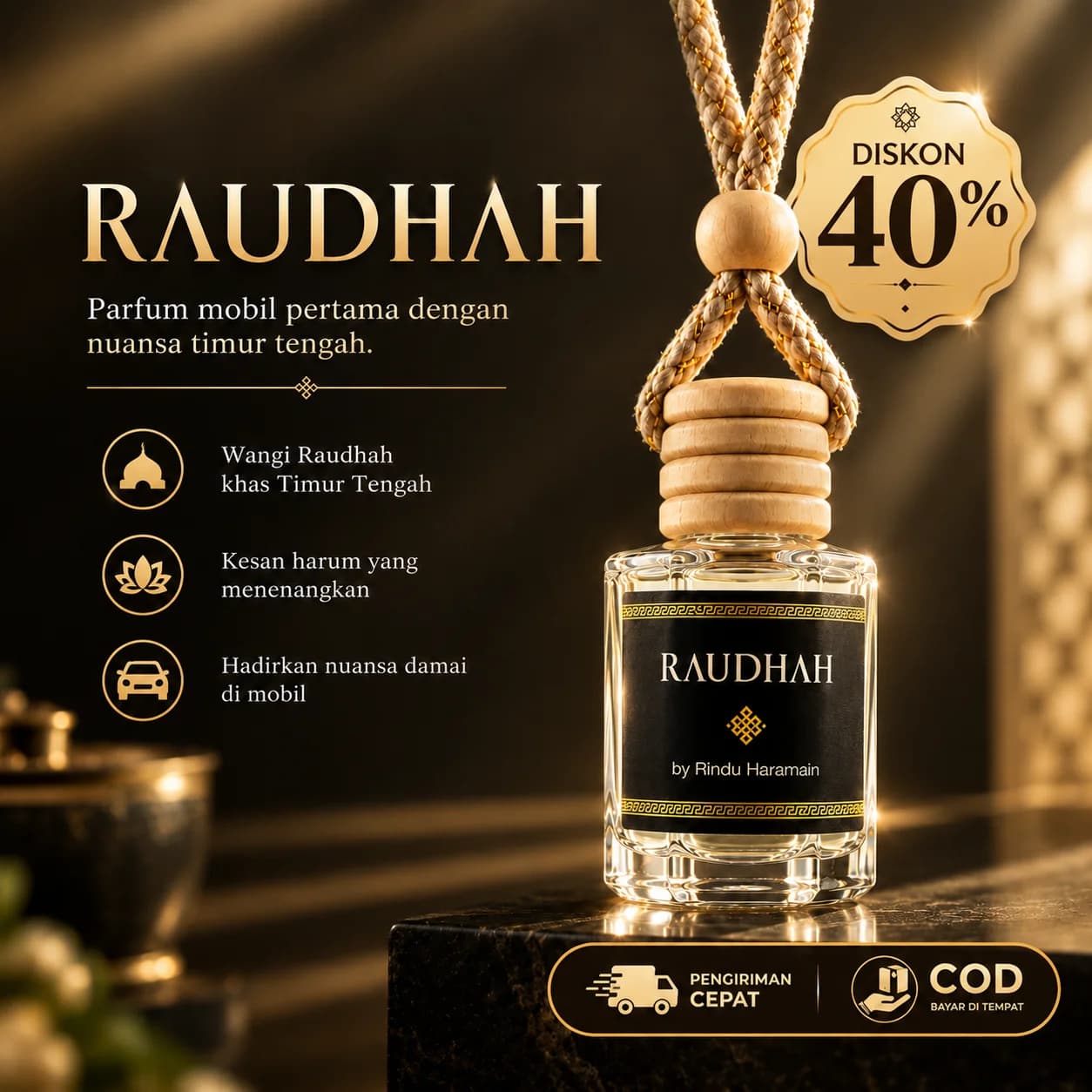 Parfum mobil RAUDHAH, wangi khas Timur Tengah, harum menenangkan, nuansa damai di mobil, diskon 40%, COD