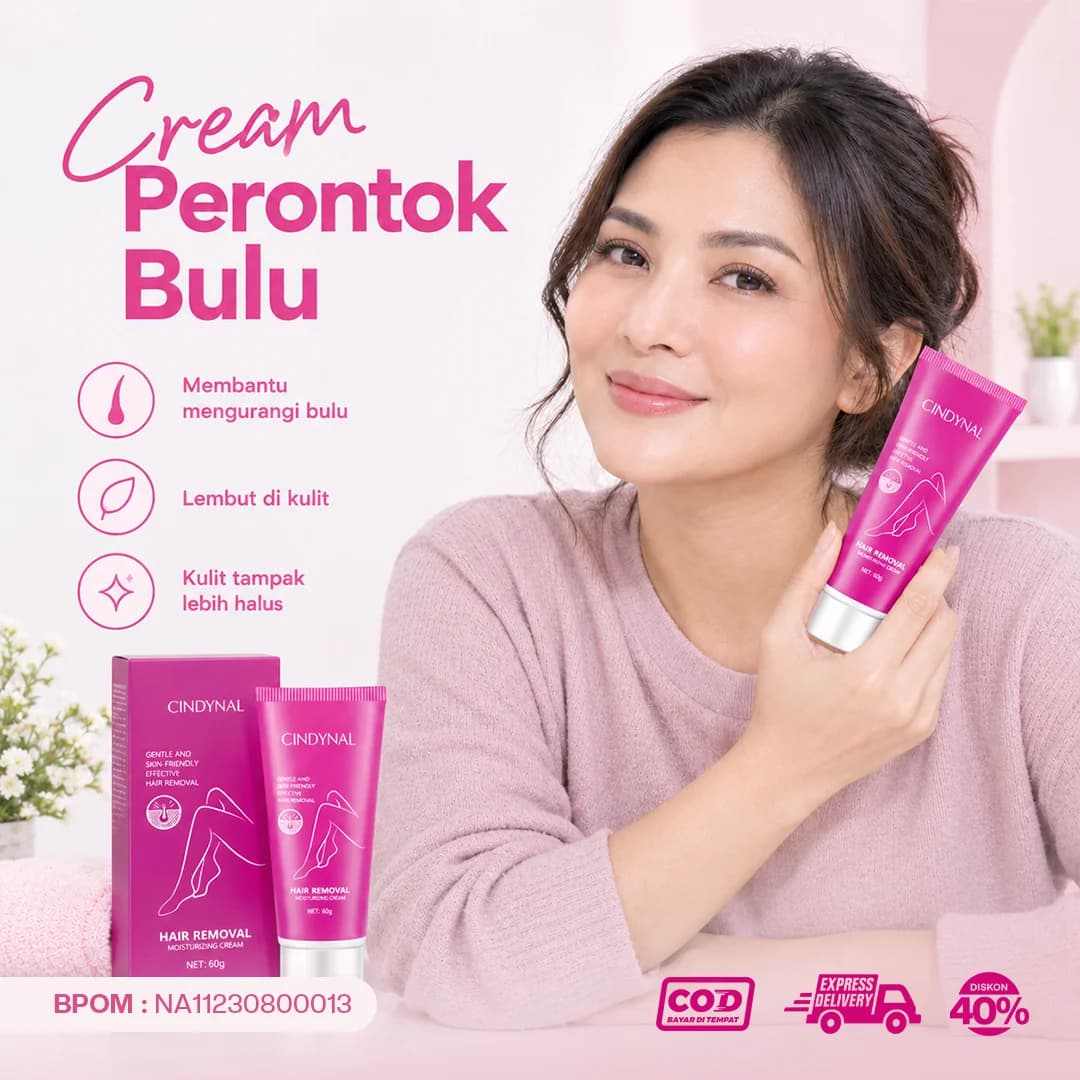Model memegang tube Cindynal Cream Perontok Bulu, membantu mengurangi bulu, lembut di kulit, BPOM, COD, diskon 40%