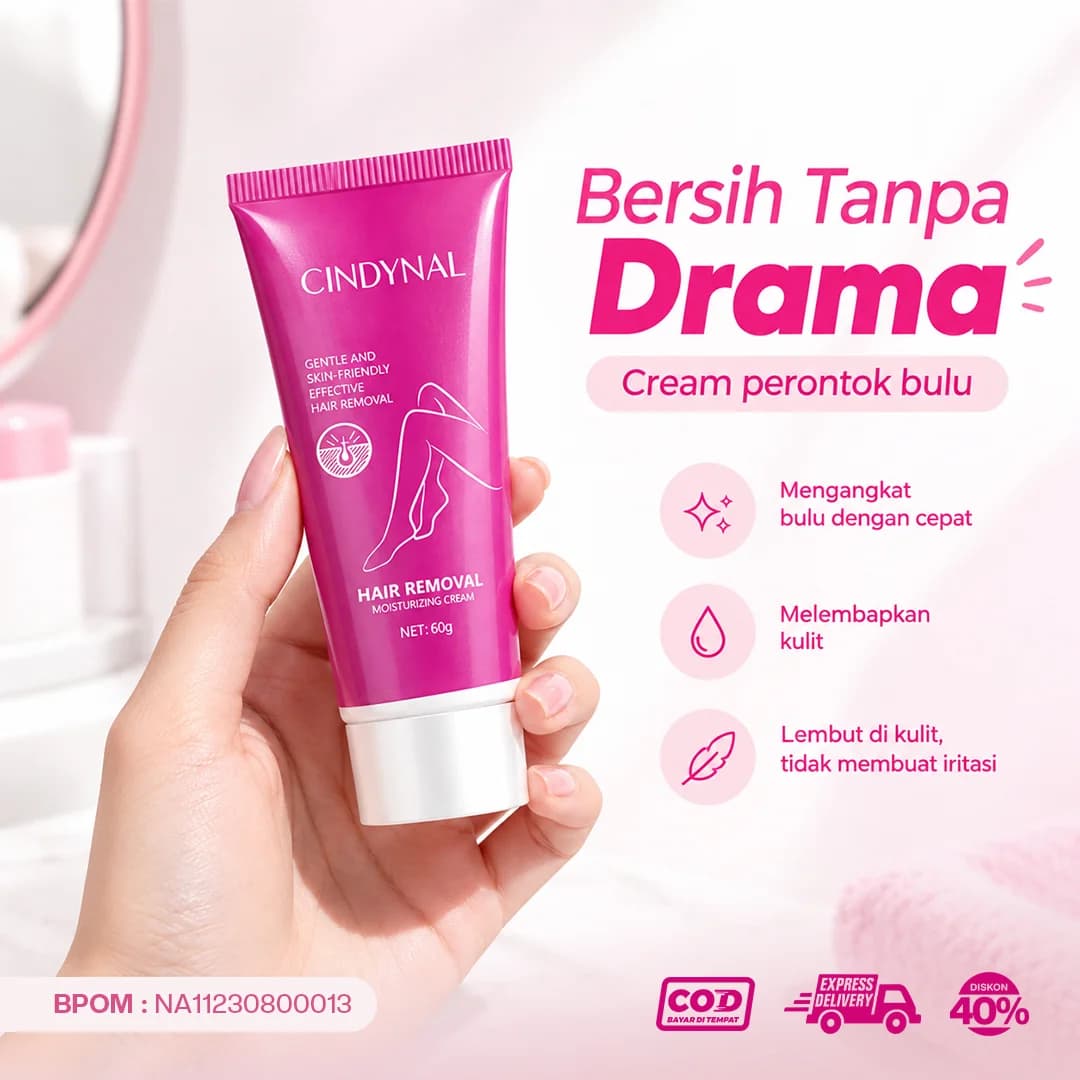 Tangan memegang tube Cindynal Cream Perontok Bulu, mengangkat bulu dengan cepat dan melembapkan kulit