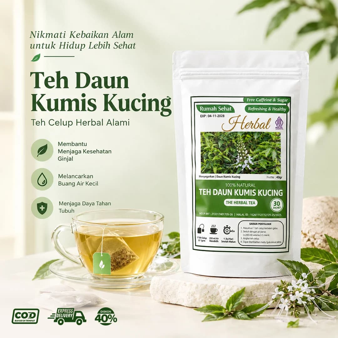 Teh Daun Kumis Kucing teh celup herbal alami, melancarkan buang air kecil, menjaga daya tahan tubuh, diskon 40%