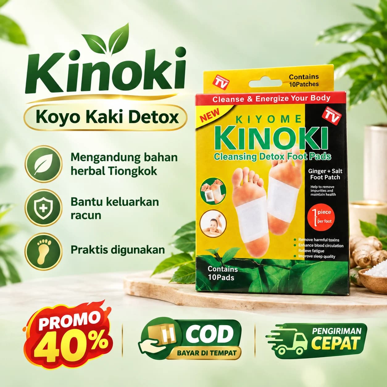 Kotak Kinoki Koyo Kaki Detox isi 10 pads, bahan herbal Tiongkok, praktis digunakan, promo 40%