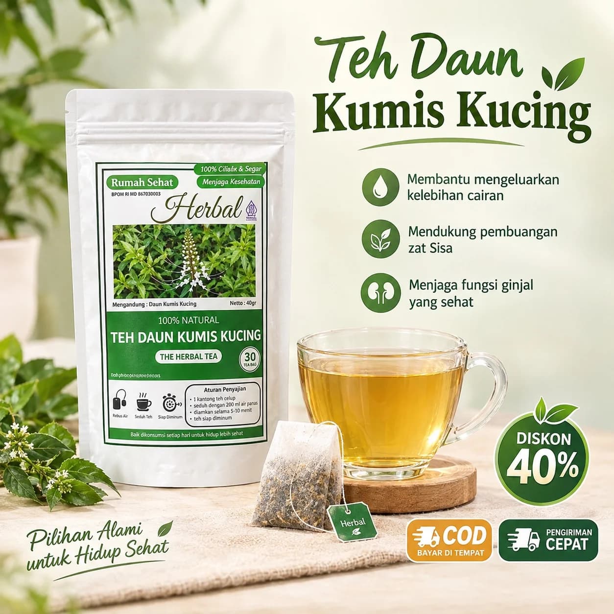 Teh Daun Kumis Kucing membantu mengeluarkan kelebihan cairan, menjaga fungsi ginjal yang sehat, diskon 40%, COD