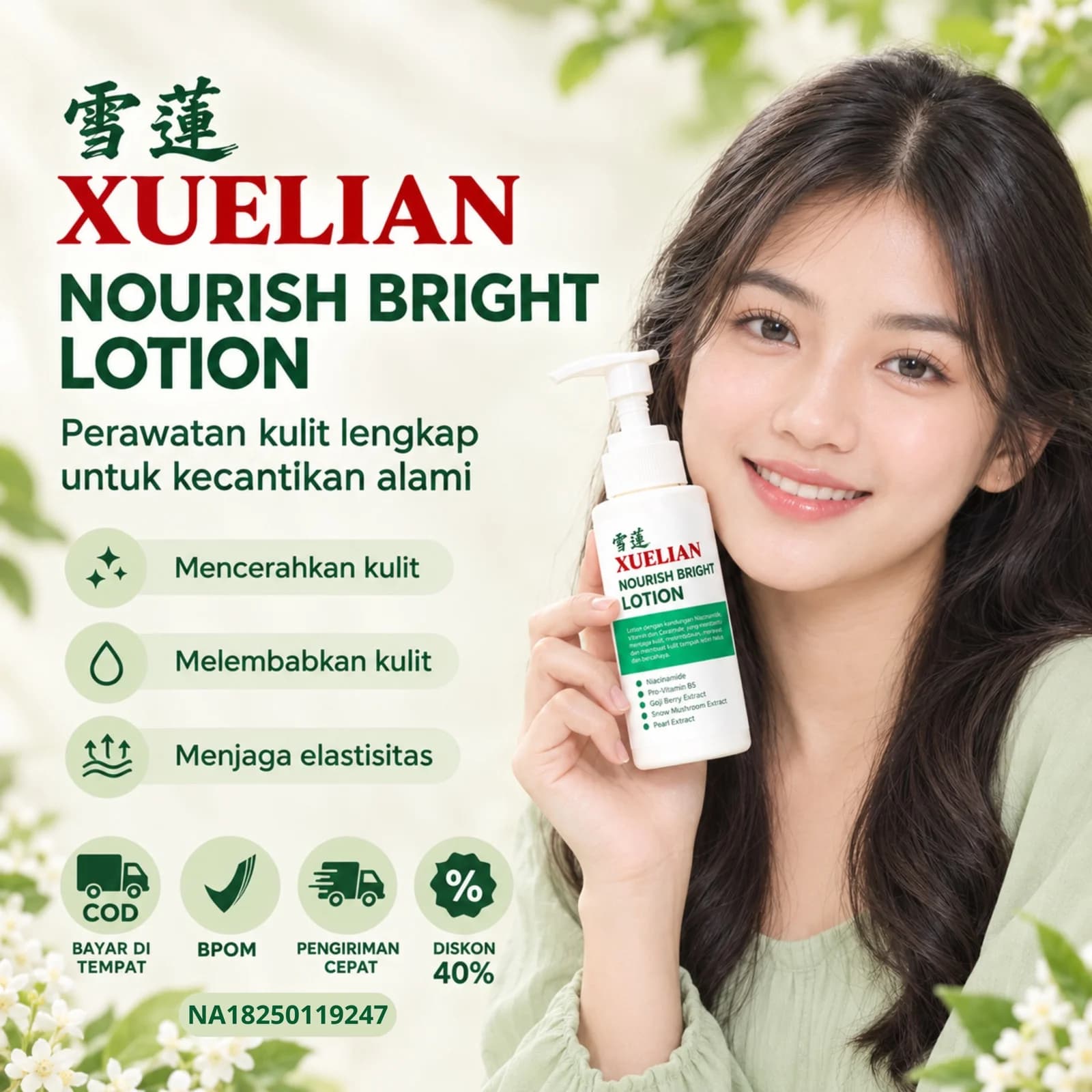 Model tersenyum memegang Xuelian Nourish Bright Lotion di dekat pipi, bayar di tempat, BPOM