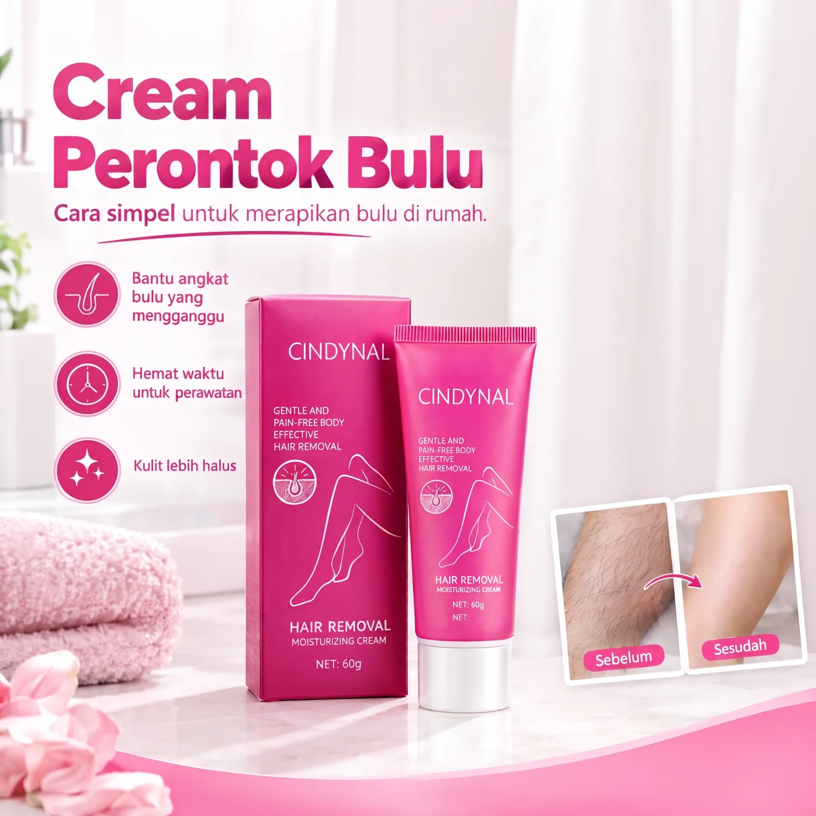 Kemasan dan tube Cindynal Cream Perontok Bulu, cara simpel merapikan bulu di rumah, sebelum dan sesudah