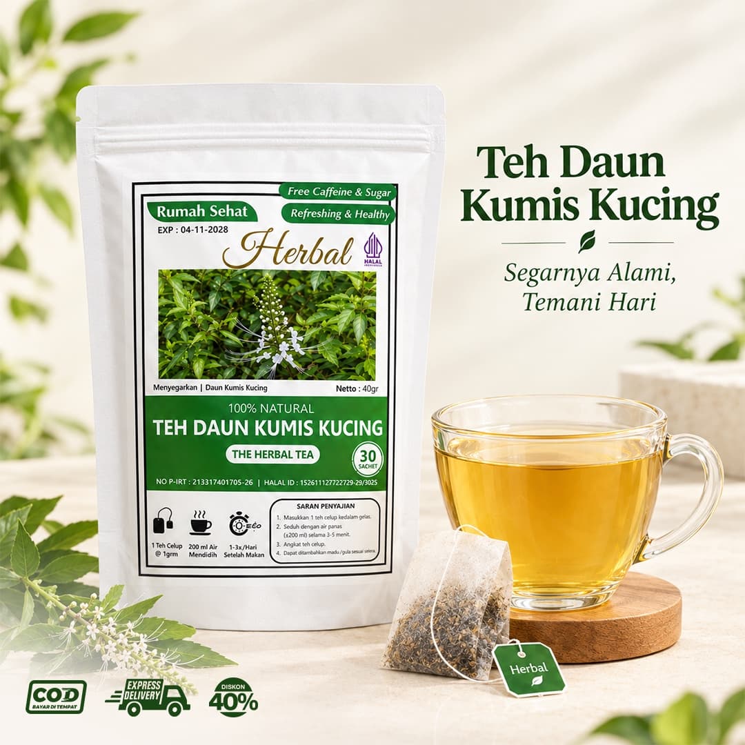 Kemasan Teh Daun Kumis Kucing Rumah Sehat Herbal dan secangkir teh, segarnya alami temani hari, COD