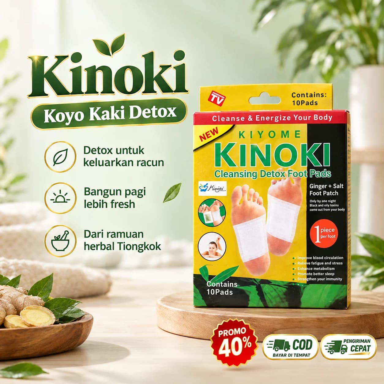 Kotak Kiyome Kinoki Cleansing Detox Foot Pads, bangun pagi lebih fresh, ramuan herbal Tiongkok