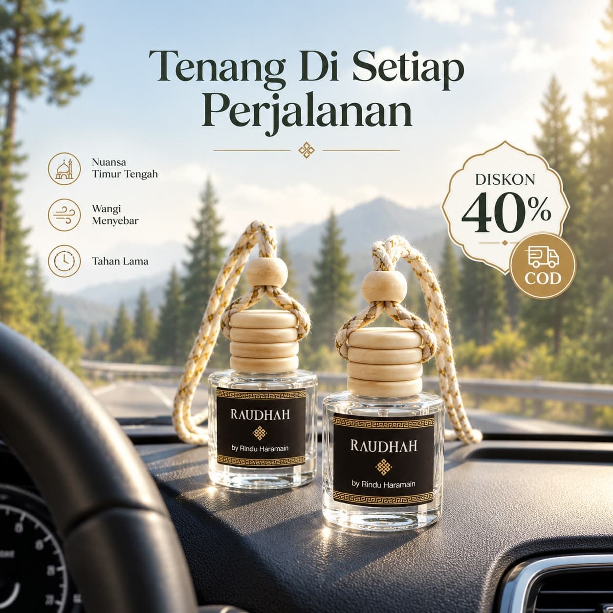 Dua botol parfum mobil RAUDHAH di dashboard, tenang di setiap perjalanan, diskon 40%, COD