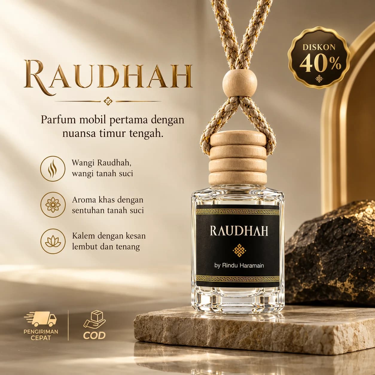 Parfum mobil RAUDHAH, wangi tanah suci, aroma khas, kalem lembut dan tenang, diskon 40%