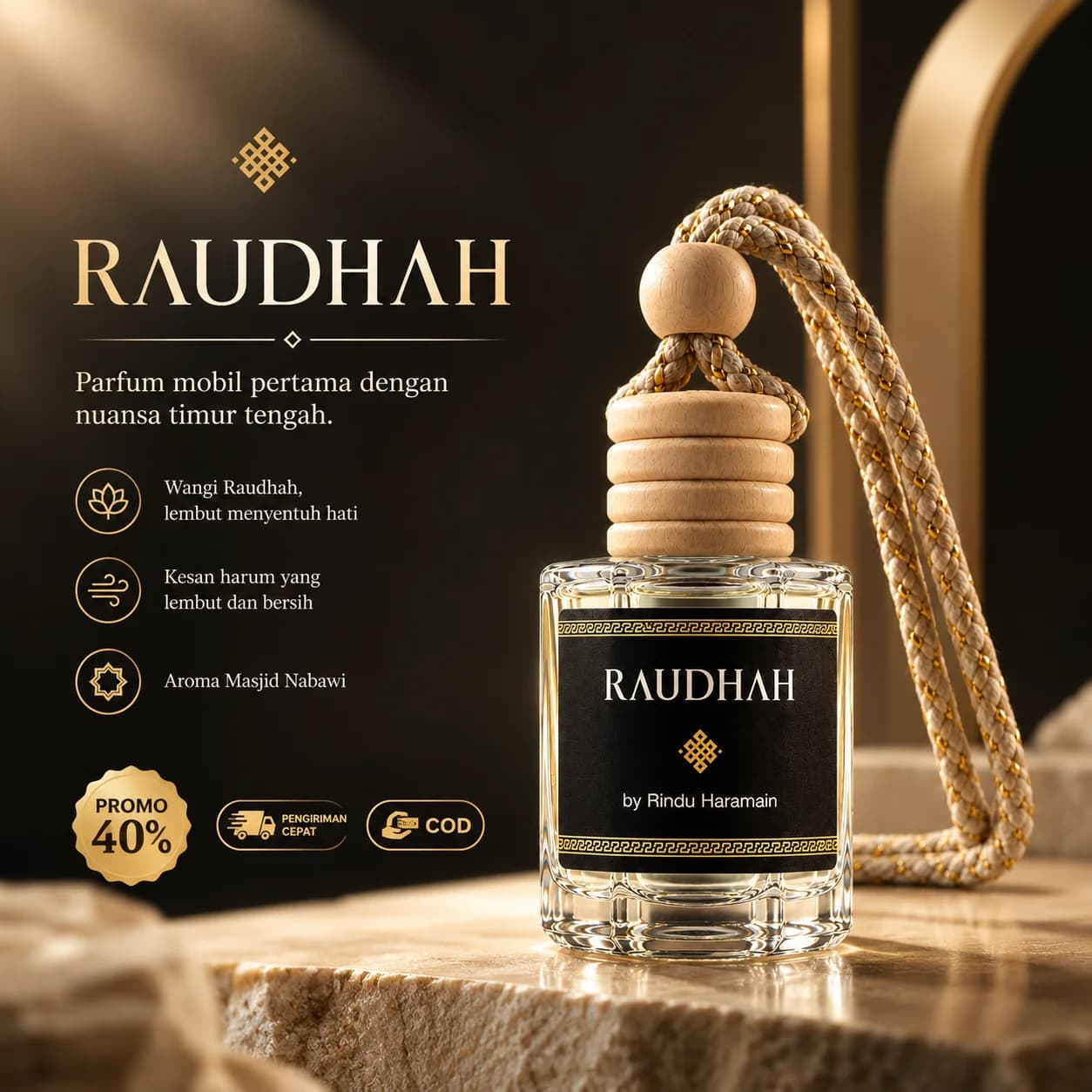 Parfum mobil RAUDHAH, wangi lembut menyentuh hati, harum bersih, aroma Masjid Nabawi, promo 40%