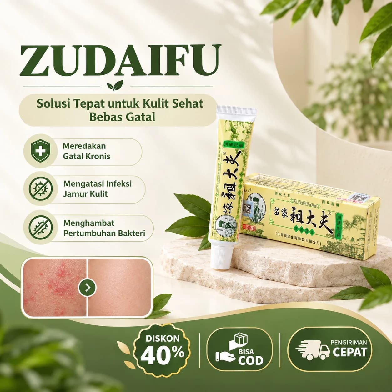 Zudaifu untuk kulit sehat bebas gatal, tampilan kulit sebelum dan sesudah, diskon 40%, COD