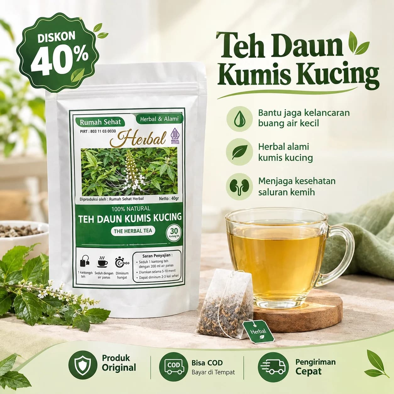Teh Daun Kumis Kucing bantu jaga kelancaran buang air kecil dan kesehatan saluran kemih, produk original, diskon 40%
