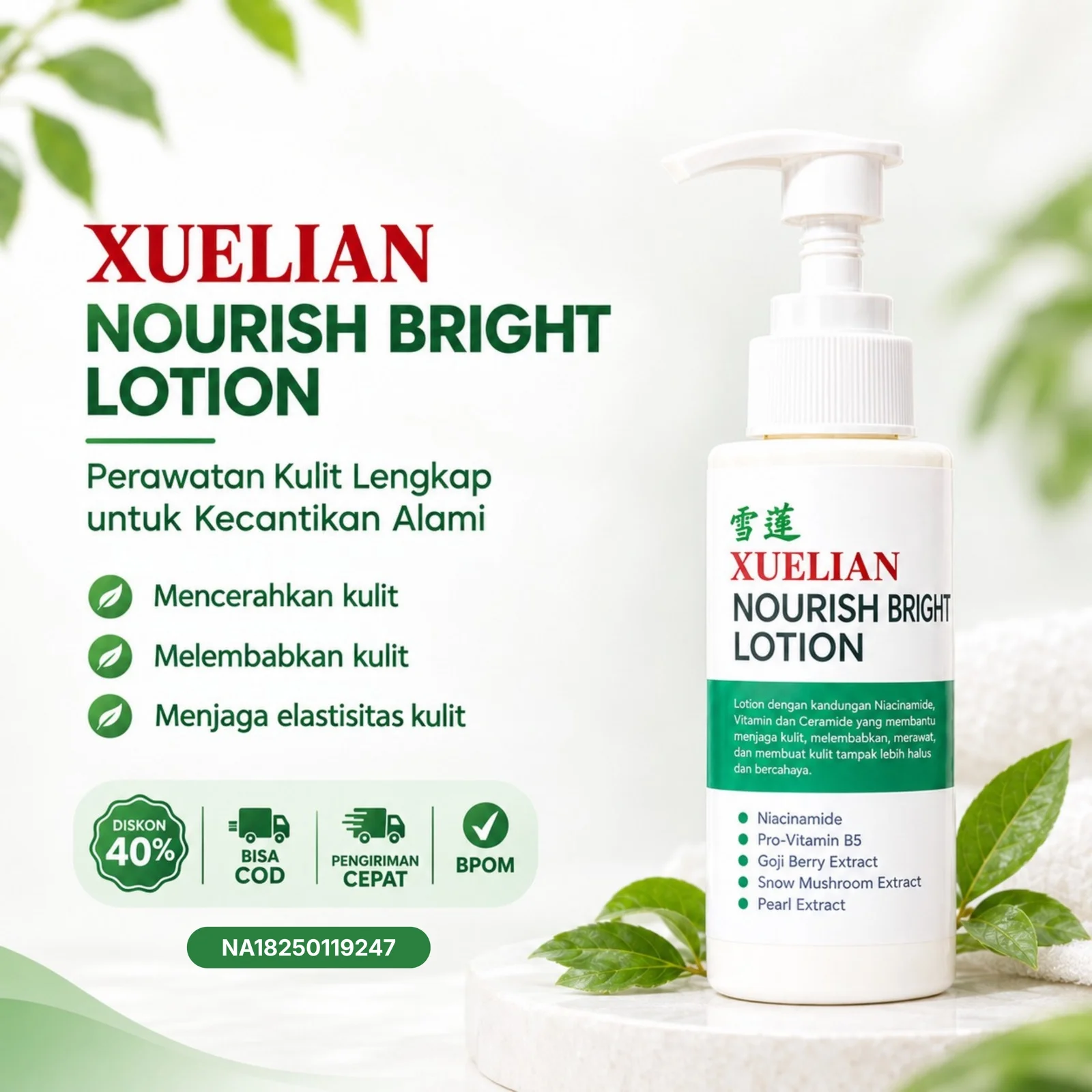 Botol Xuelian Nourish Bright Lotion di atas handuk putih, diskon 40%, bisa COD, pengiriman cepat