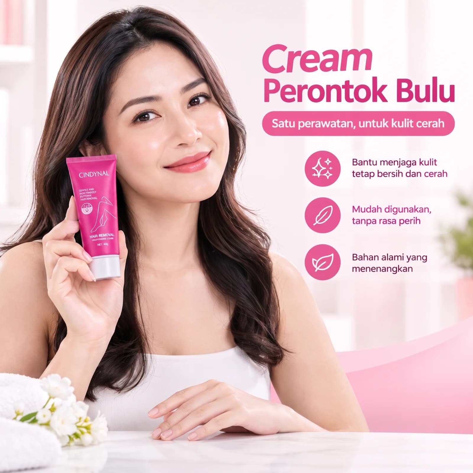 Model memegang tube Cindynal Cream Perontok Bulu, mudah digunakan tanpa rasa perih