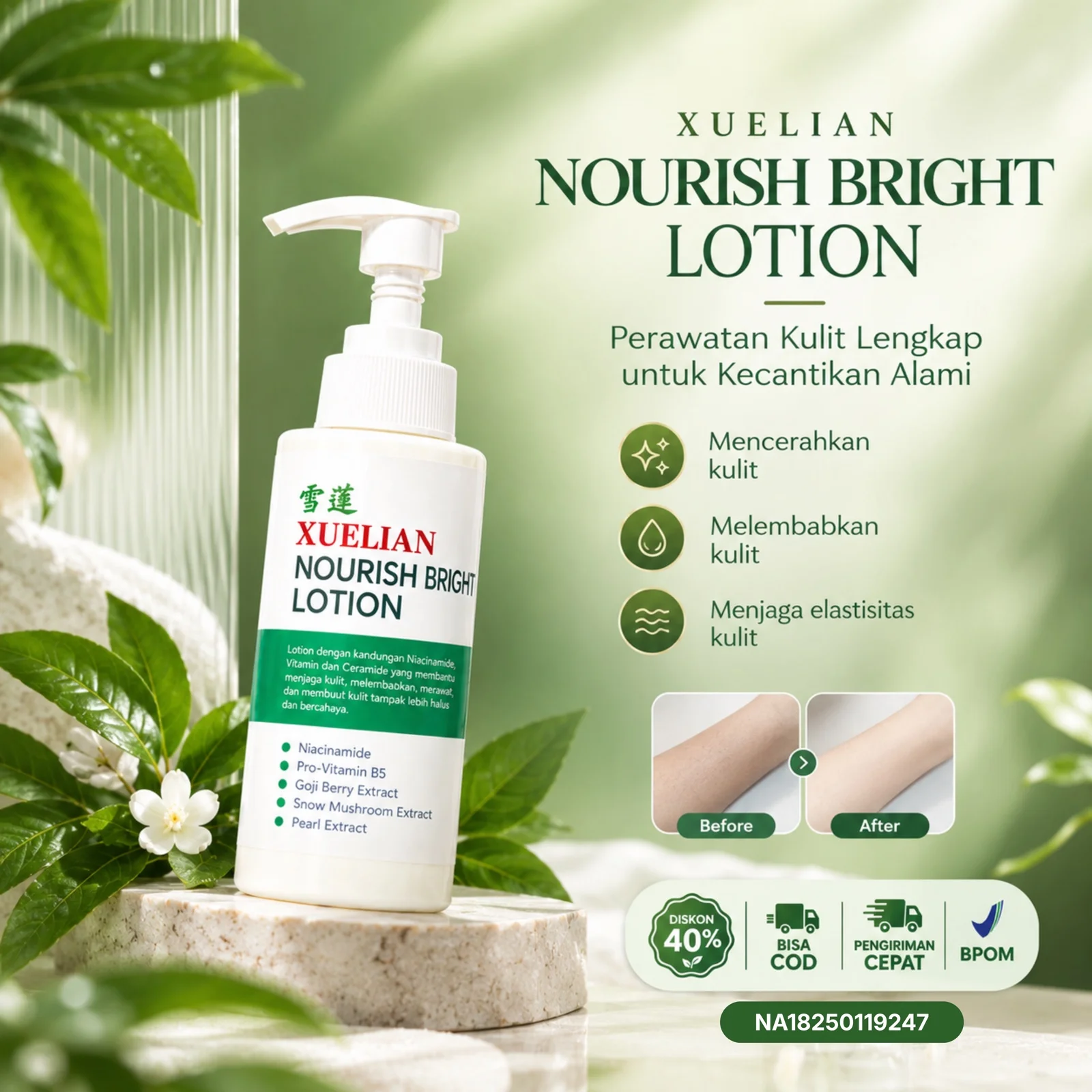 Botol Xuelian Nourish Bright Lotion di antara dedaunan hijau, mencerahkan dan melembapkan kulit