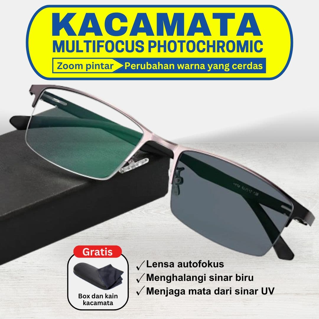 Kacamata multifokus photochromic — lensa menggelap kena UV