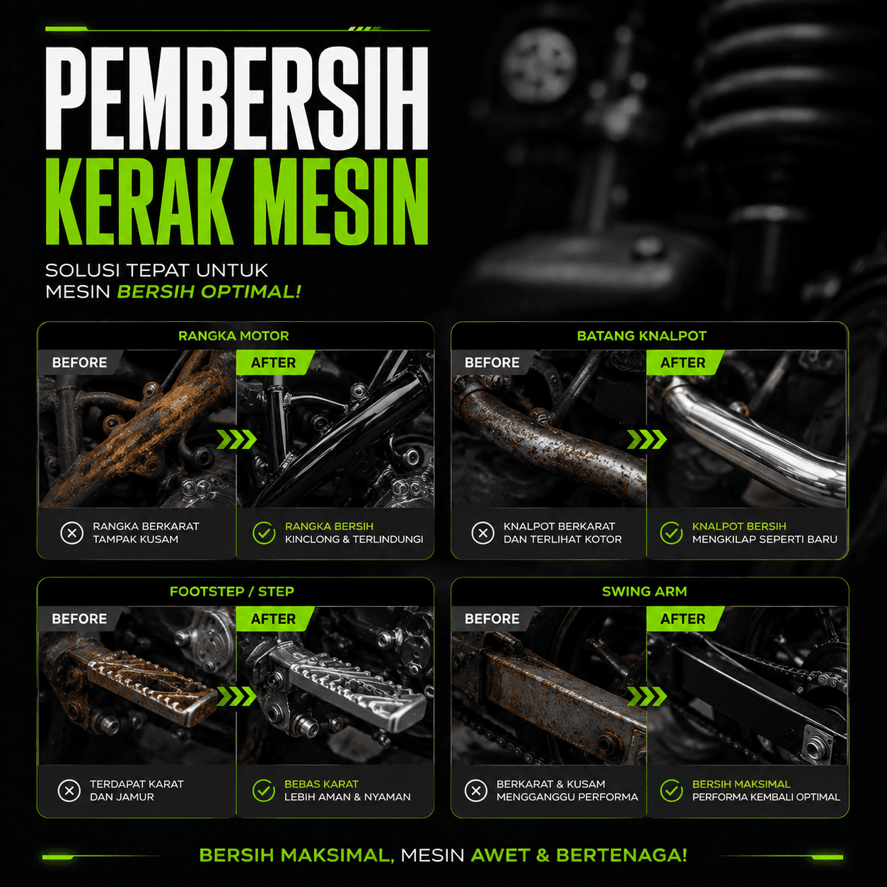 Rangka, knalpot, footstep, dan swing arm ikut bersih