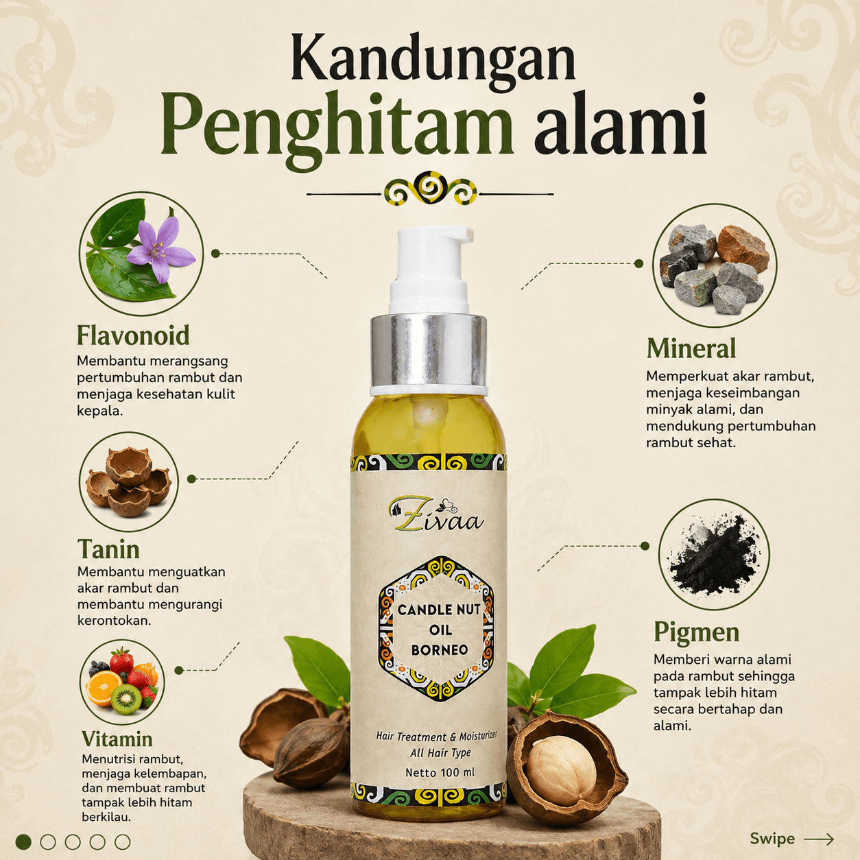 Kandungan alami: flavonoid, tanin, vitamin, mineral, pigmen