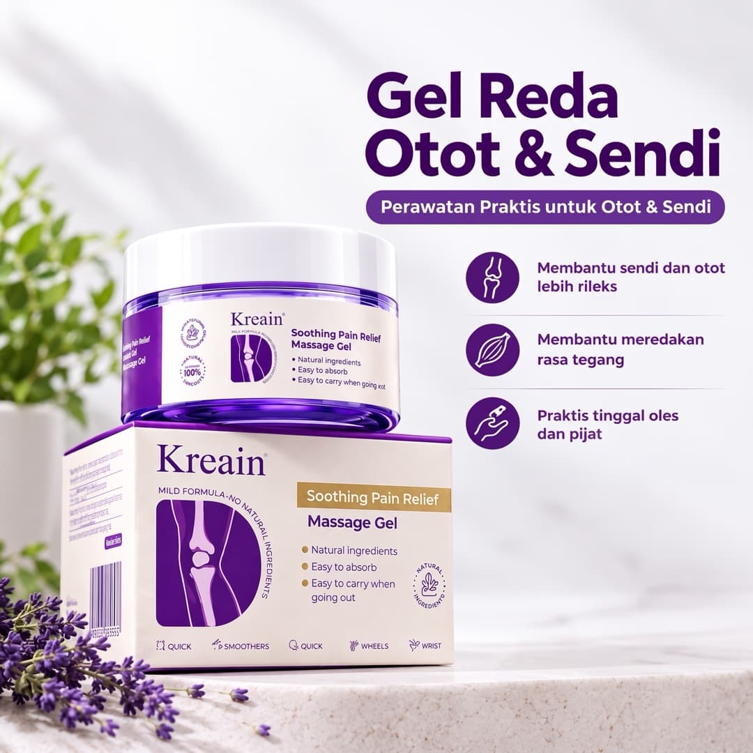 Jar dan kotak Kreain Soothing Pain Relief Massage Gel ungu bertuliskan Gel Reda Otot & Sendi